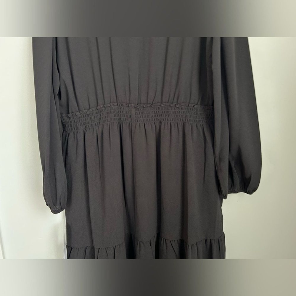 London Times Black Ruffle Neck Smocked Waist Tiered Dress Long Sleeve‎ Womens 14 - Picture 5 of 15